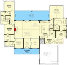 One-level Mountain Modern Plan with 12'-Deep Back Porch - 818055JSS | Architectural Designs - House Plans Beautiful Primary Bedrooms, Open Floor Plans One Story, Mountain Modern House Plans, Modern House Floorplan, One Level House Plans, Family Dining Room, Mountain Modern Home, One Level Homes, House Addition