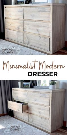 a dresser made out of wood with the words minimalist modern on top and bottom