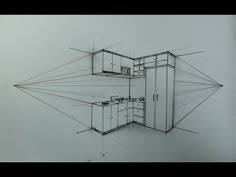 a drawing of a kitchen with cabinets and cupboards on the wall, in perspective