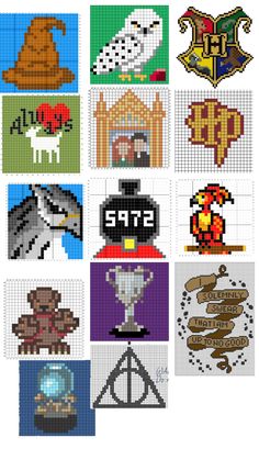 the harry potter cross stitch pattern is shown in different colors and sizes, including symbols