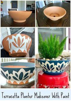 terracotta planter makeover with paint and stencils from the dollar store