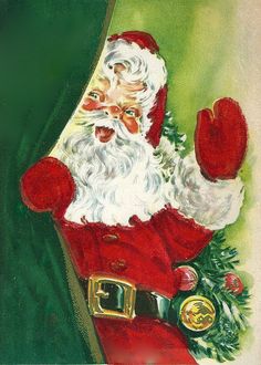 a painting of santa claus with his arms in the air