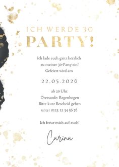 a black and gold party card with the words ih wede so party on it