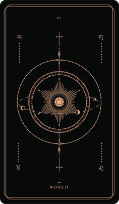 a black and gold playing card with an image of the sun in it's center