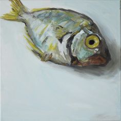 an oil painting of a fish on a white surface with yellow tips and black spots