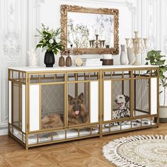 a dog sitting in a cage on top of a wooden floor next to a mirror