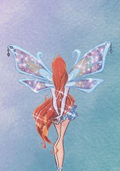 a fairy with long hair and blue wings flying through the air, holding her hands on her hips