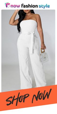 White Fashion Casual Solid Backless Strapless Regular Jumpsuits Chic High Waist Strapless Jumpsuit, High Waist Strapless Jumpsuit For Summer, Non-stretch Strapless Summer Jumpsuit For Parties, White Casual Strapless Jumpsuit For Party, Elegant High-waist Strapless Jumpsuit For Spring, Elegant High Waist Strapless Jumpsuit For Spring, Strapless High Waist Jumpsuit For Spring, Chic Strapless Jumpsuits And Rompers, Strapless Non-stretch Summer Jumpsuits And Rompers