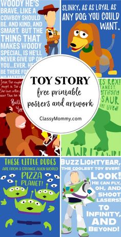 toy story posters and artwork for children's room or playrooms with text that reads, toystory free printable posters and artwork