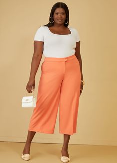 These capris offer a flattering length that hits above the ankle, making them perfect for pairing with heels or flats. Whether dressed up with a blouse for the office or styled casually with a tee for a weekend outing, these wide-leg capris are sure to become a wardrobe staple. Wide Leg Capris, Wide Leg Pants Plus Size, Plus Size Cropped, Plus Size Wide Leg, Plus Size Suits, Cropped Wide Leg Pants, Pants Plus Size, Scoop Neck Tee, Ashley Stewart