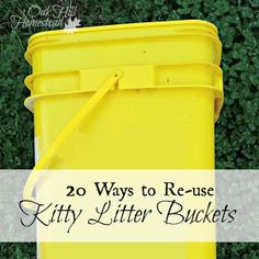 a yellow trash can with the words 20 ways to re - use kitty litter buckets