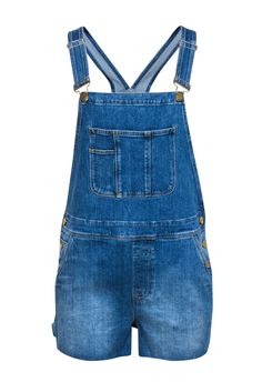 Current Boutique-Frame - Medium Wash Denim Raw Hem Shortalls Sz S Cheap Denim Blue Cotton Shortalls, Cheap Blue Shortalls With Pockets, Summer Medium Wash Bib Front Shortalls, Summer Bib Front Shortalls In Medium Wash, Trendy Summer Bib Front Shortalls, Trendy Summer Shortalls With Bib Front, Spring Shortalls With Pockets, Denim Bib Front Shortalls For Summer, Summer Utility Shortalls With Bib Front