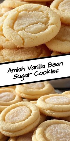 several cookies are stacked on top of each other with the words, amah vanilla bean sugar cookies