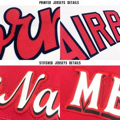 the back and side of a red baseball jersey with white letters on it that read,'ma me '