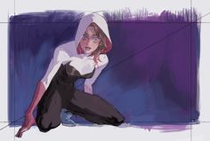 a drawing of a woman sitting on the ground with her hands in her pockets and wearing a hoodie