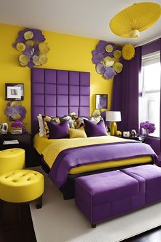 a bedroom with yellow and purple decor in shades of purple, yellow, and white