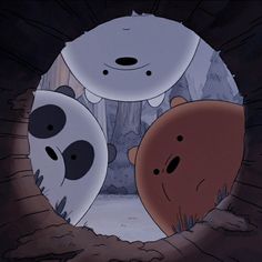 two cartoon bears are peeking out from behind a hole in the ground with snow on it