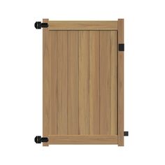 an open wooden door with black handles on the side and bottom bars in front of it