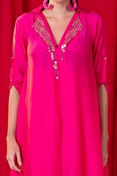 Shop for Enech Pink Muslin Modal Embellished Collar Tunic And Palazzo Set for Women Online at Aza Fashions Festive Embellished Tops For Wedding, Festive Embellished Tops, Embellished Wedding Tops, Festive Embellished Wedding Tops, Festive Embellished Straight Kurta Top, Party Embellished Kurta, Embellished Designer Wear Blouse Piece, Georgette Blouse With Gota Work, Embellished V-neck Kurta For Party