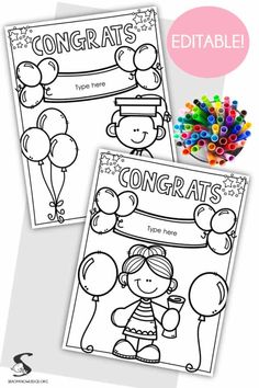 two coloring pages for congratulations with balloons and confetti on the bottom, and an image