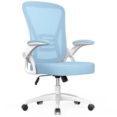 a light blue office chair with wheels on an isolated white background 3d image stock photo