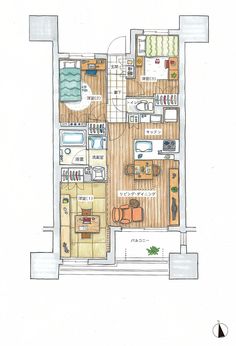 a drawing of a floor plan for a small apartment with an open kitchen and living room