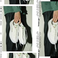 four pictures of white shoes being held by someone's hands