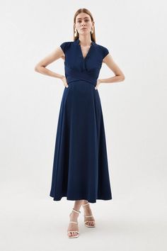 V Neck Wrap Detail Woven Midi Dress | Karen Millen A Line Skirt Midi, Matching Jewellery, High Low Midi Dress, Ladies Clothes Fashion, Midi Pencil Dress, Elegance Style, Colour Pop, Ladies Clothes, Navy Midi Dress