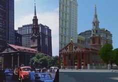 an old and new city street with cars parked on the side