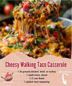 a poster advertising cheesy walking taco casserole