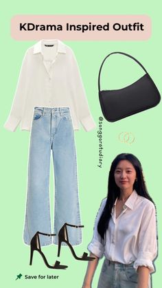 Hong Hae In Kim Ji Won Queen of Tears KDrama Inspired Outfit White Blue OOTD Blue Jeans Korean Outfit, White Button Down And Jeans Outfit, Blue Denim Outfits, Blue Ootd, Kdrama Outfits