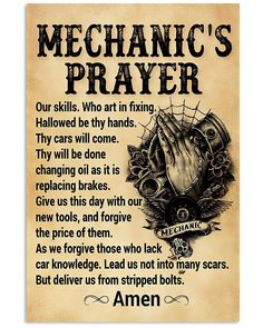 Mechanic's Prayer Our Skills Poster By Posterpik Mechanic Shop Decor, Entryway Gallery Wall, Garden Patio Decor, Cafe Wall Art, Man Cave Art, Tin Walls, Garage Art, Iron Wall Decor, Retro Sign