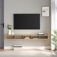 a flat screen tv mounted to the side of a wall next to a potted plant