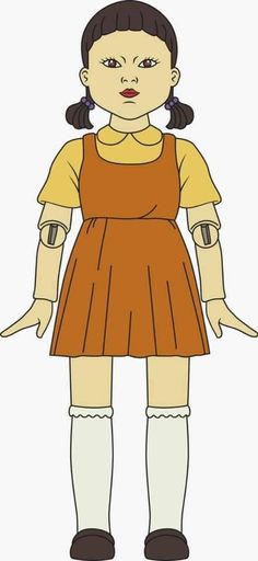 a cartoon girl with her arms outstretched and hands out to the side, wearing an orange dress