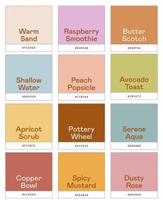 the names of different types of food and drinks in each color scheme, including peaches, strawberrys, blueberries, raspberry smoothie, water, apricot,