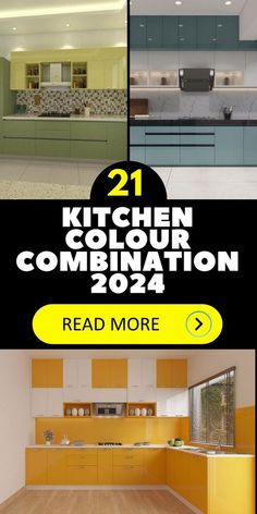 the kitchen color combination is shown in two different pictures