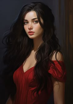 a painting of a woman with long dark hair wearing a red dress and posing for the camera