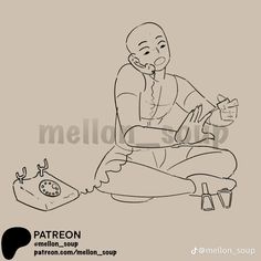 a drawing of a man sitting on the ground next to an old telephone and phone