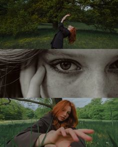 a woman with red hair is in the middle of two pictures, one has her hand up