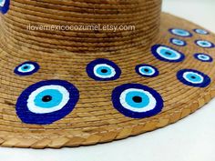 Bohemian Straw Hat For Summer Gift, Blue Bohemian Hat As Gift, Blue Bohemian Hat For Gift, Bohemian Blue Straw Hat For Festivals, Blue Bohemian Straw Hat For Festivals, Traditional Blue Hats For Summer, Artistic Handmade Blue Hats, Blue Bohemian Straw Hat, Bohemian Adjustable Sun Hat Gift