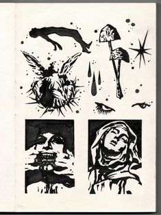 some black and white ink drawings on paper