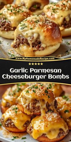 Ground Beef In Biscuits, Biscuits Ground Beef Recipes, Football Food With Ground Beef, Garlic Parmesan Cheeseburger Balls, Cheese Burger Cups, Parmesan Bites Recipe, Biscuit Stuffed Recipes, Bunch Ideas Lunch, Appetizers With Beef