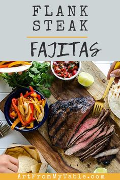 steak fajita on a cutting board with salsa and tortillas