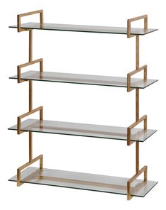 three tiered glass shelf with gold metal frame and clear shelves on each side, against a white background