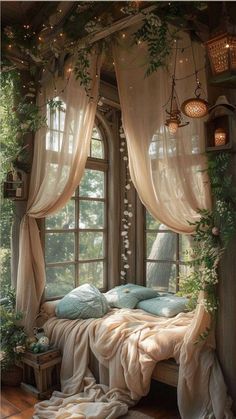 a bed with curtains and lights hanging from it's sides in front of a window