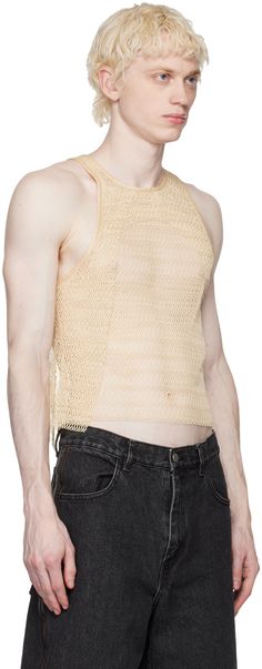 Semi-sheer polyester mesh tank top. · Layered asymmetric construction · Satin trim at round neck, armscyes, and side seams · Raw edge at hem Supplier color: Straw Tank Top Layered, Eckhaus Latta, Mesh Tank Top, Raw Edge, Straw, Round Neck, Women Wear, Tank Top, Mesh