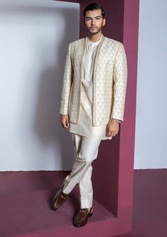 Contrast By Parth-Moondust Cream Jacket And Kurta Set-INDIASPOPUP.COM Kurta Koti, Ethnic Poses, Striped Kurta, Men Sherwani, Kurta And Pants, Suits Formal, Stylish Boy, Collar Embroidery, Embroidery Jacket