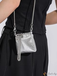 BirdinBag - Silver Chic Shoulder Bag with Chain Strap, Drawstring Design - Litchi Pattern Mini Coin Purse Mini Coin Purse, Bag With Chain, Pink Backpack, Word Wrap, Leather Pattern, Mini Shoulder Bag, Bag Set, Shoulder Tote, Handbag Backpack