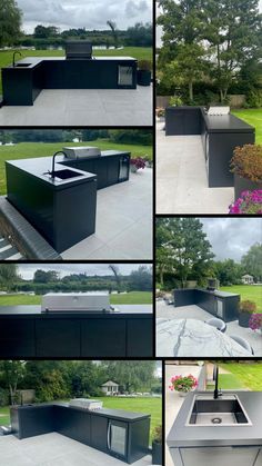 an outdoor kitchen is shown in multiple pictures, including the sink and countertop area