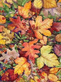 a painting of autumn leaves and berries